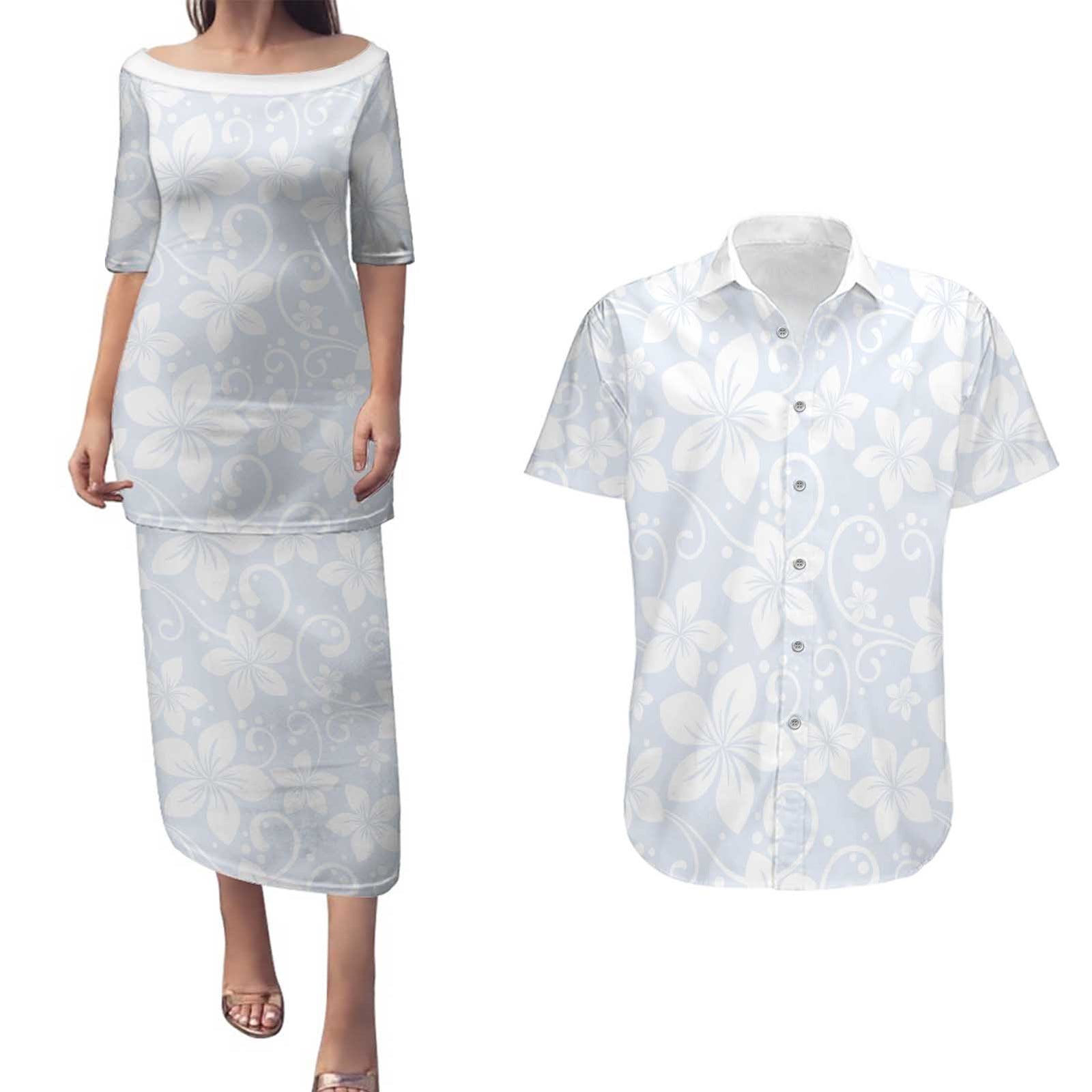 Plumeria Floral White Sunday Couples Matching Puletasi and Hawaiian Shirt