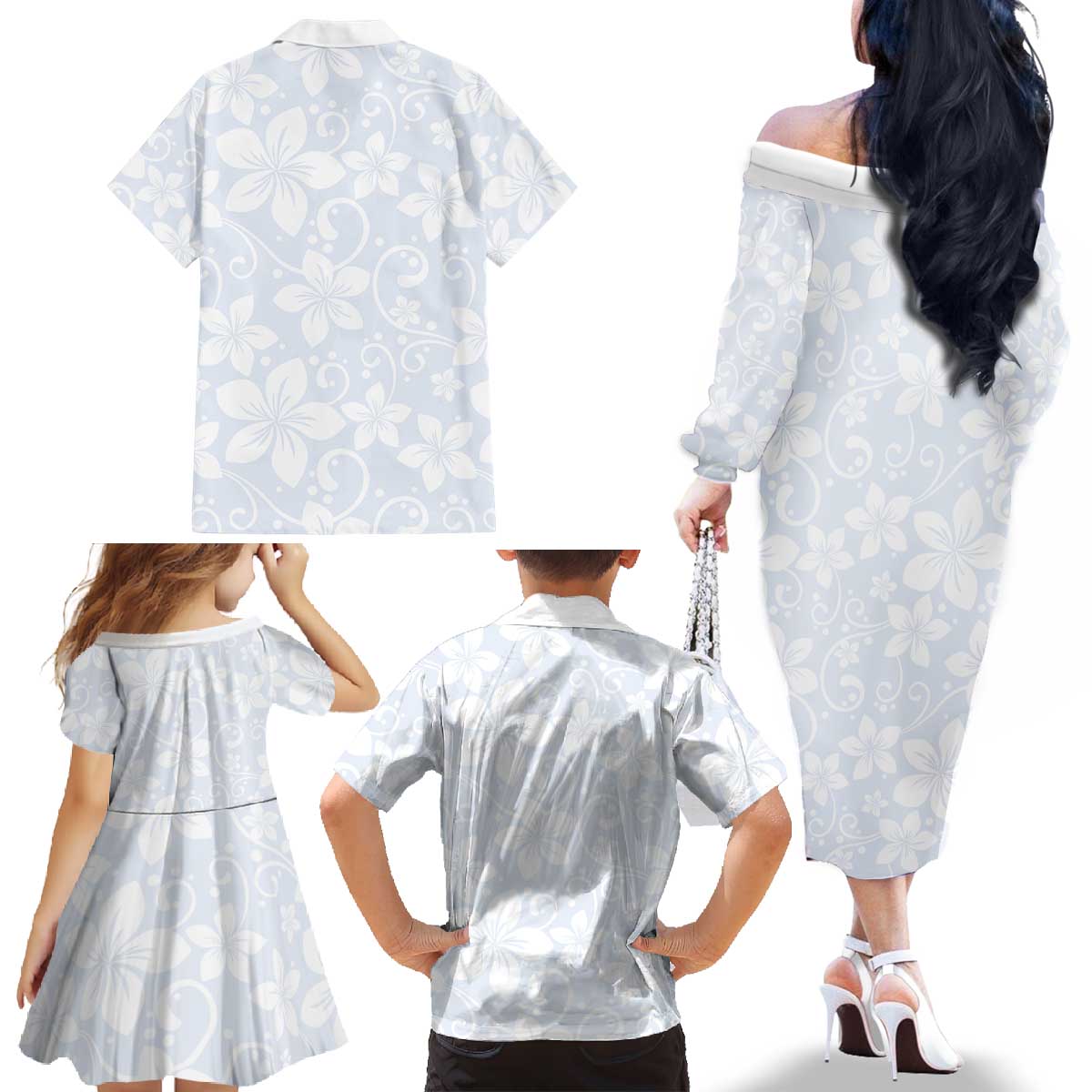 Plumeria Floral White Sunday Family Matching Off The Shoulder Long Sleeve Dress and Hawaiian Shirt LT01 - Polynesian Pride