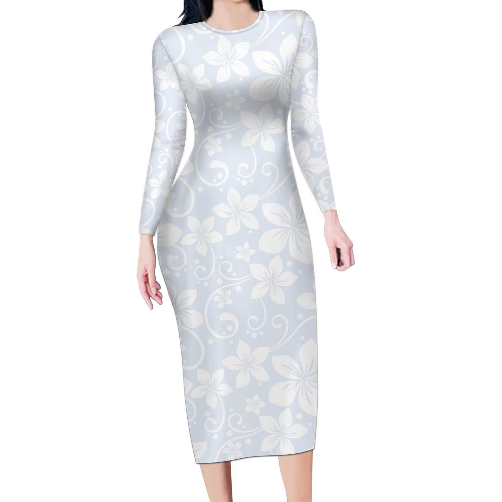 Plumeria Floral White Sunday Long Sleeve Bodycon Dress LT01 Long Dress White - Polynesian Pride