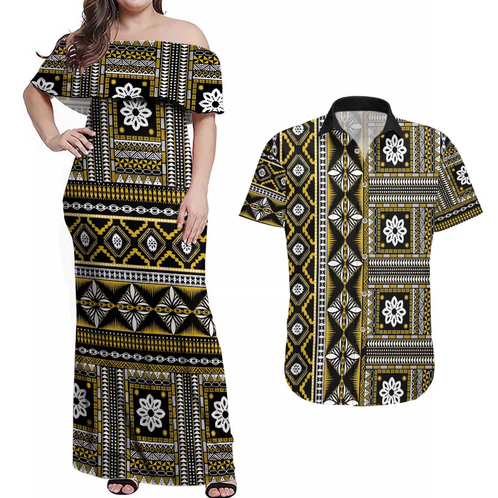 Fiji Masi Tapa Pattern Yellow Couples Matching Off Shoulder Maxi Dress and Hawaiian Shirt LT01 Yellow - Polynesian Pride