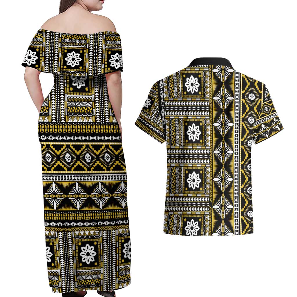 Fiji Masi Tapa Pattern Yellow Couples Matching Off Shoulder Maxi Dress and Hawaiian Shirt LT01 - Polynesian Pride