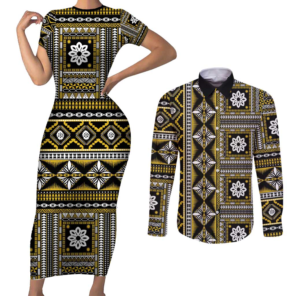 Fiji Masi Tapa Pattern Yellow Couples Matching Short Sleeve Bodycon Dress and Long Sleeve Button Shirt - Polynesian Pride