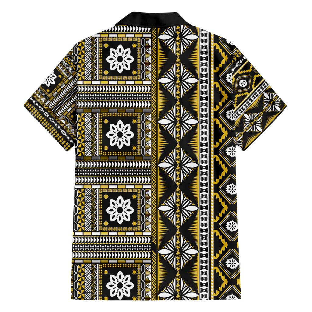 Fiji Masi Tapa Pattern Yellow Family Matching Off Shoulder Short Dress and Hawaiian Shirt - Polynesian Pride