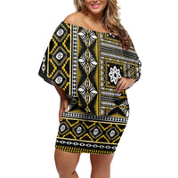 Fiji Masi Tapa Pattern Yellow Family Matching Off Shoulder Short Dress and Hawaiian Shirt - Polynesian Pride