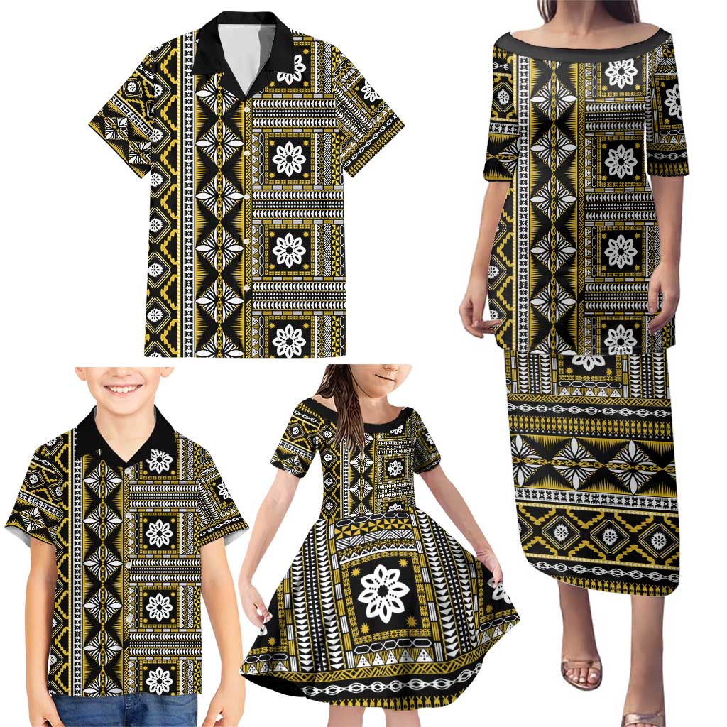 Fiji Masi Tapa Pattern Yellow Family Matching Puletasi and Hawaiian Shirt - Polynesian Pride