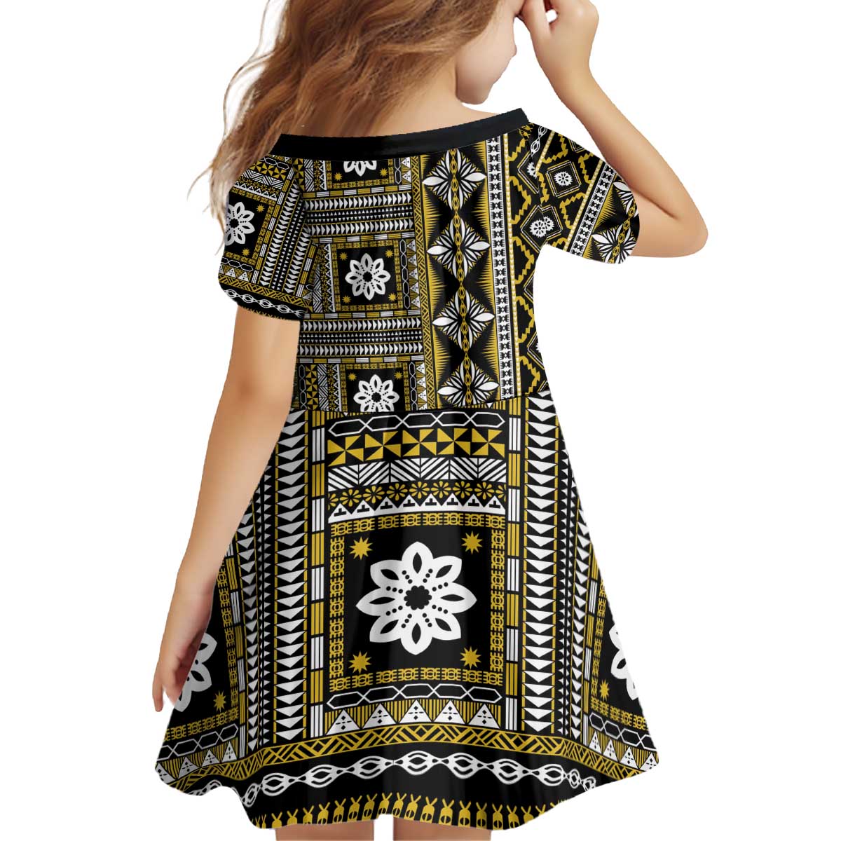 Fiji Masi Tapa Pattern Yellow Kid Short Sleeve Dress - Polynesian Pride