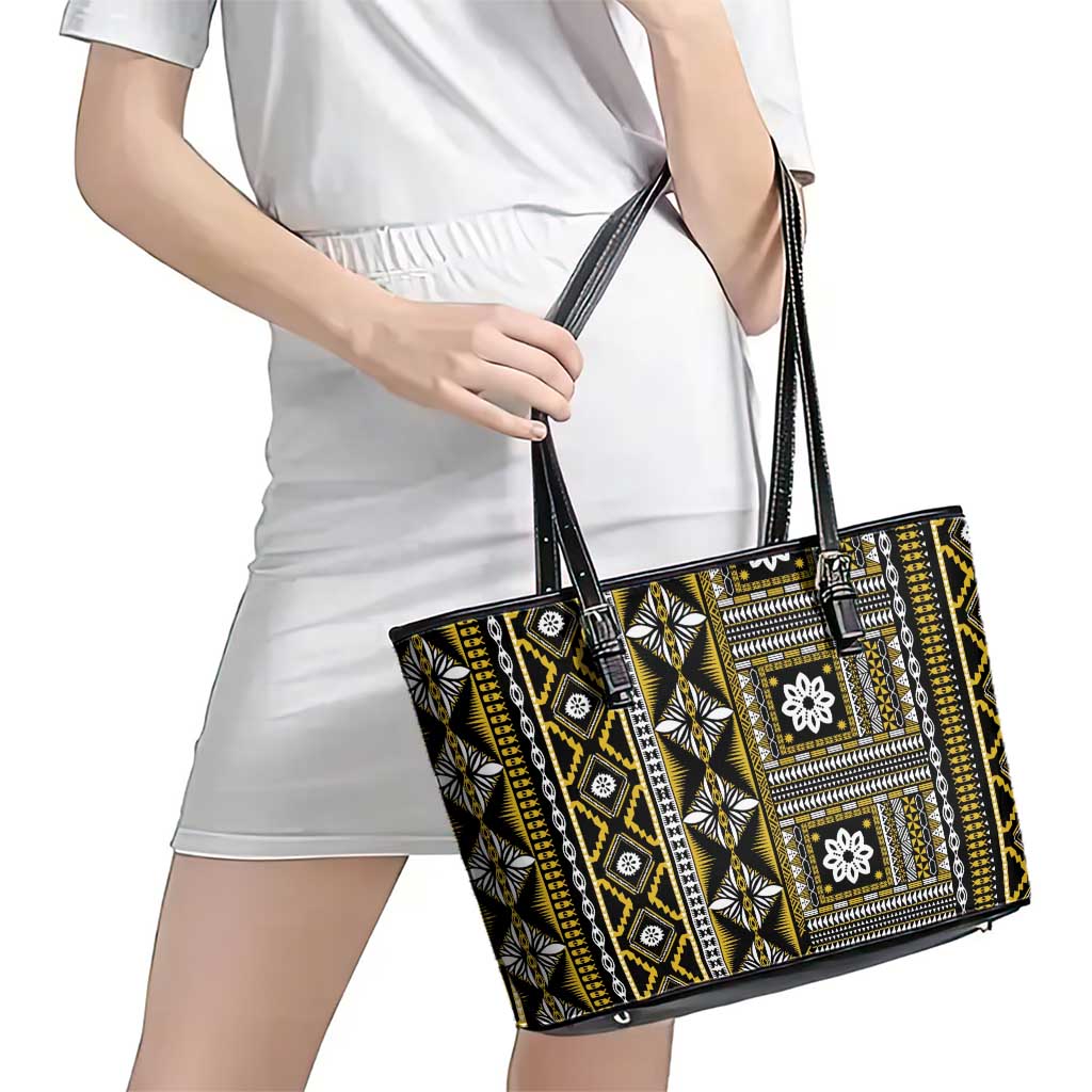 Fiji Masi Tapa Pattern Yellow Leather Tote Bag - Polynesian Pride
