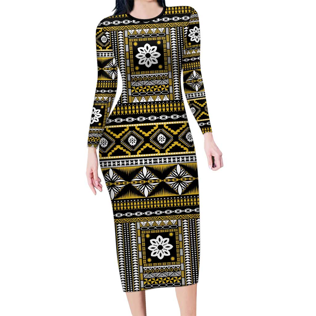 Fiji Masi Tapa Pattern Yellow Long Sleeve Bodycon Dress - Polynesian Pride