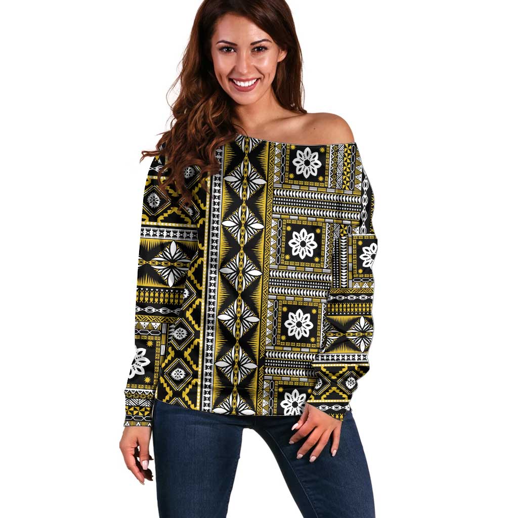 Fiji Masi Tapa Pattern Yellow Off Shoulder Sweater - Polynesian Pride