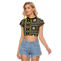 Fiji Masi Tapa Pattern Yellow Raglan Cropped T Shirt - Polynesian Pride
