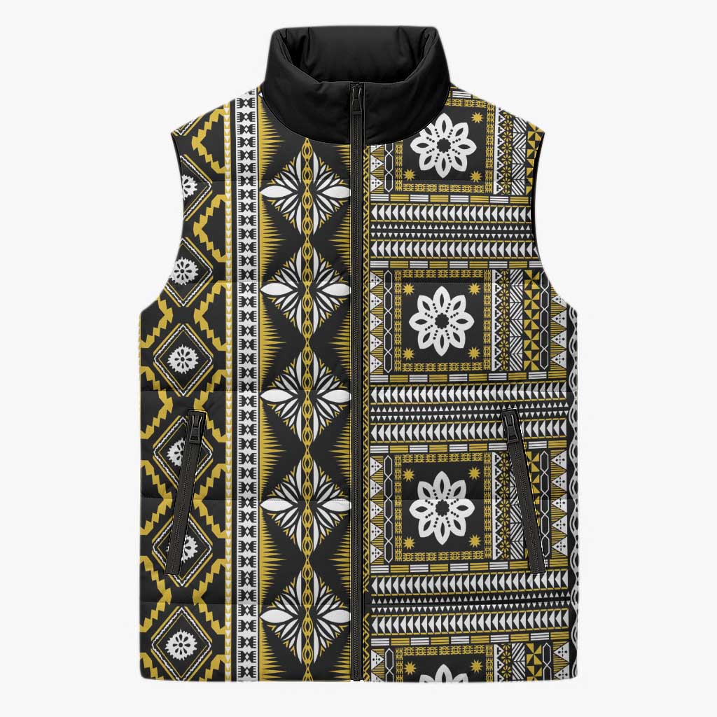 Fiji Masi Tapa Pattern Yellow Sleeveless Puffer Jacket - Polynesian Pride