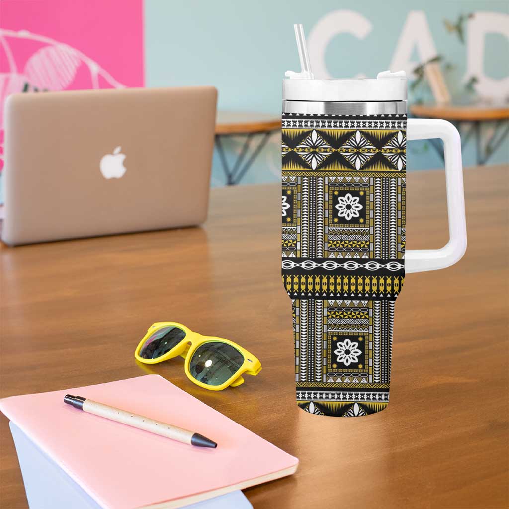Fiji Masi Tapa Pattern Yellow Tumbler With Handle - Polynesian Pride