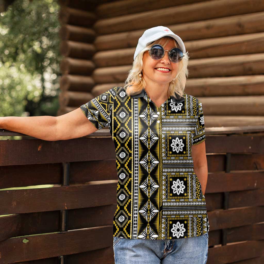 Fiji Masi Tapa Pattern Yellow Women Polo Shirt - Polynesian Pride