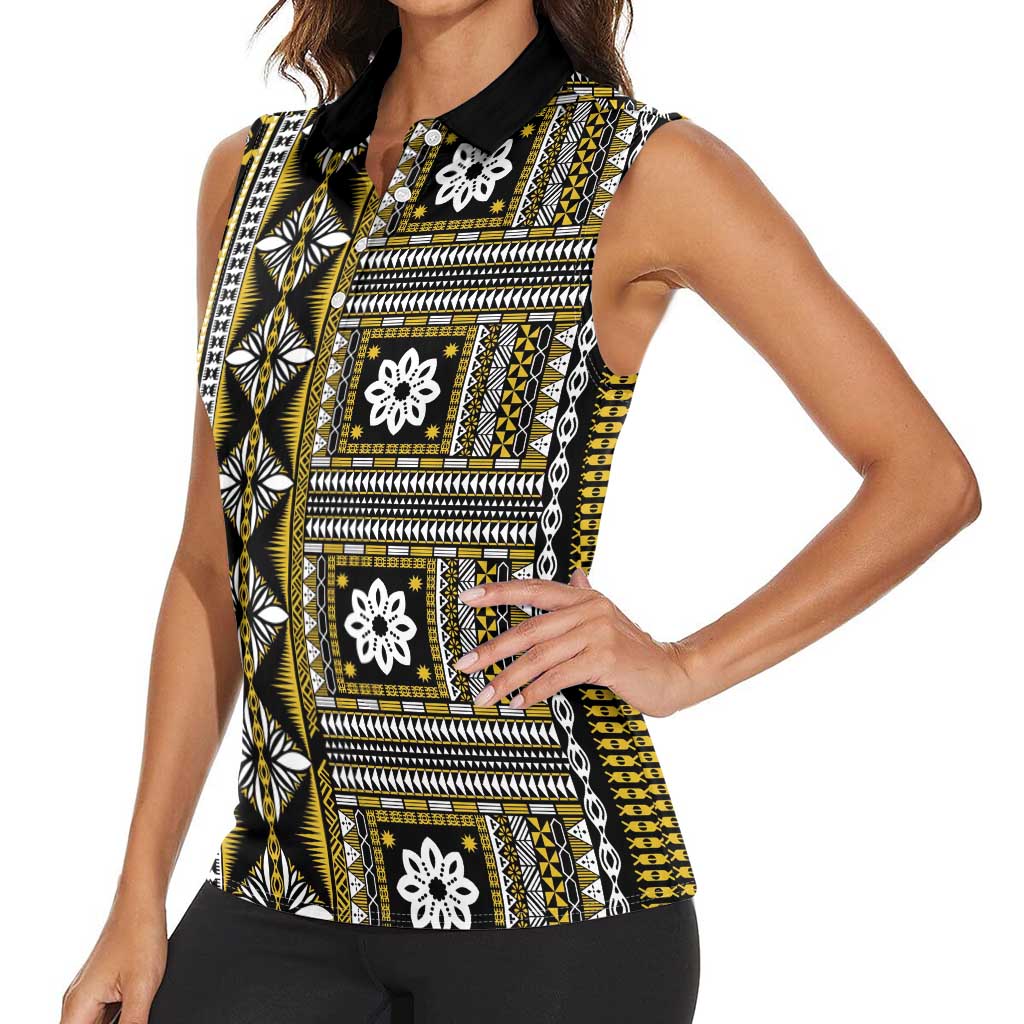 Fiji Masi Tapa Pattern Yellow Women Sleeveless Polo Shirt - Polynesian Pride