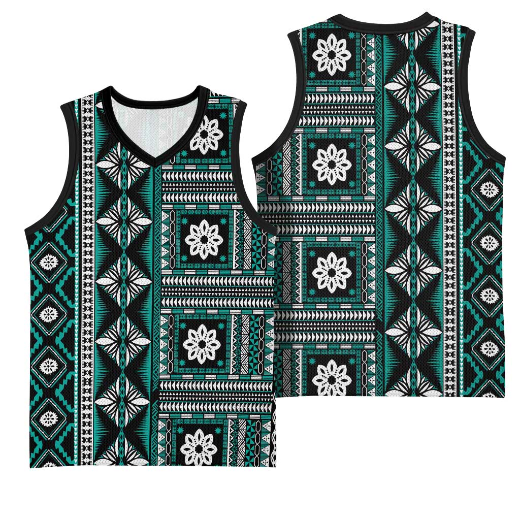 Fiji Masi Tapa Pattern Teal Basketball Jersey - Polynesian Pride