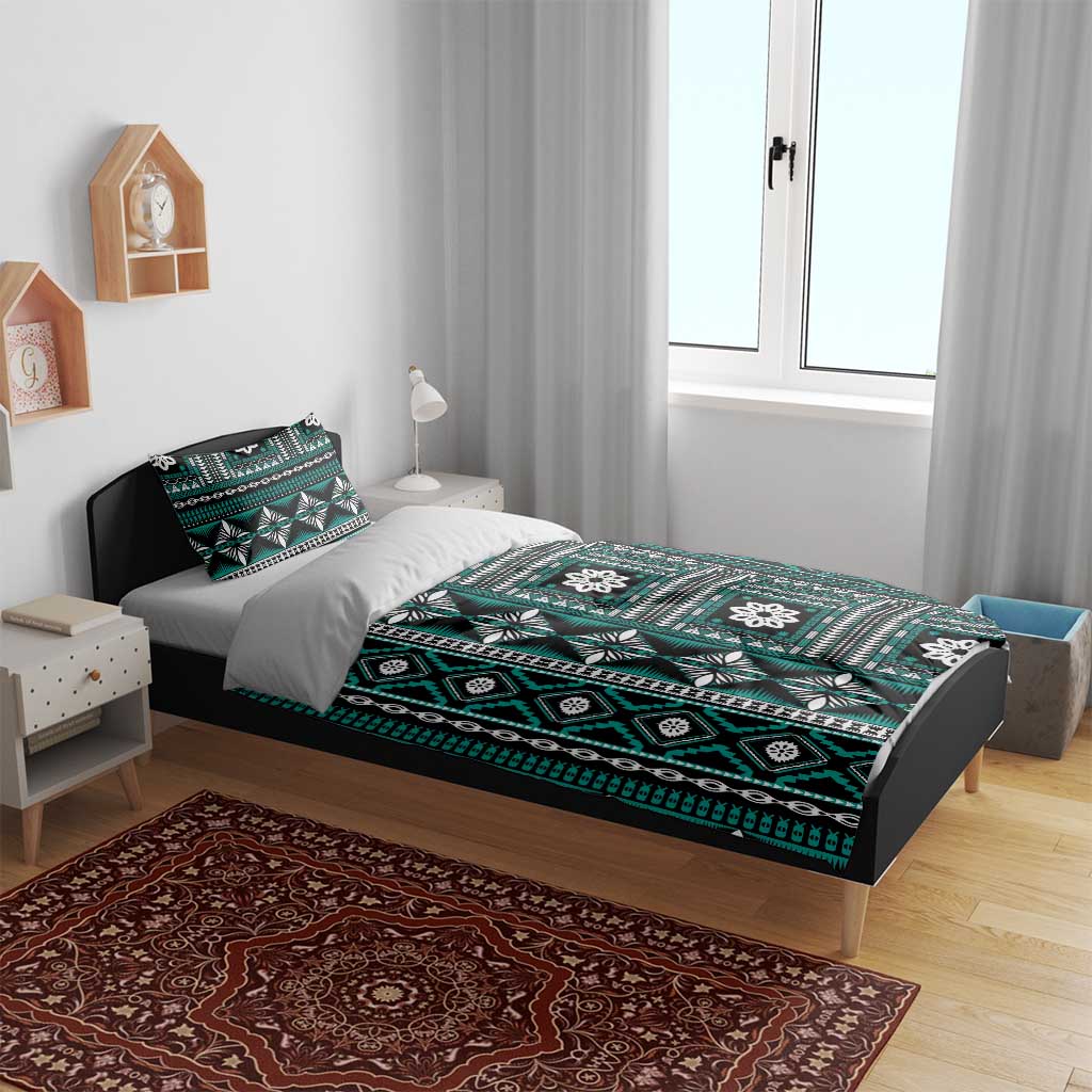 Fiji Masi Tapa Pattern Teal Bedding Set - Polynesian Pride