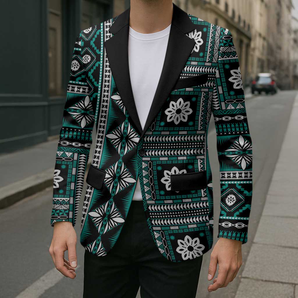 Fiji Masi Tapa Pattern Teal Blazer - Polynesian Pride