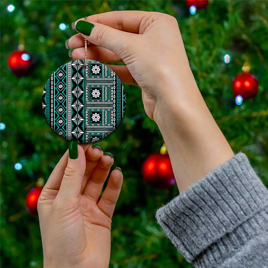 Fiji Masi Tapa Pattern Teal Ceramic Ornament - Polynesian Pride