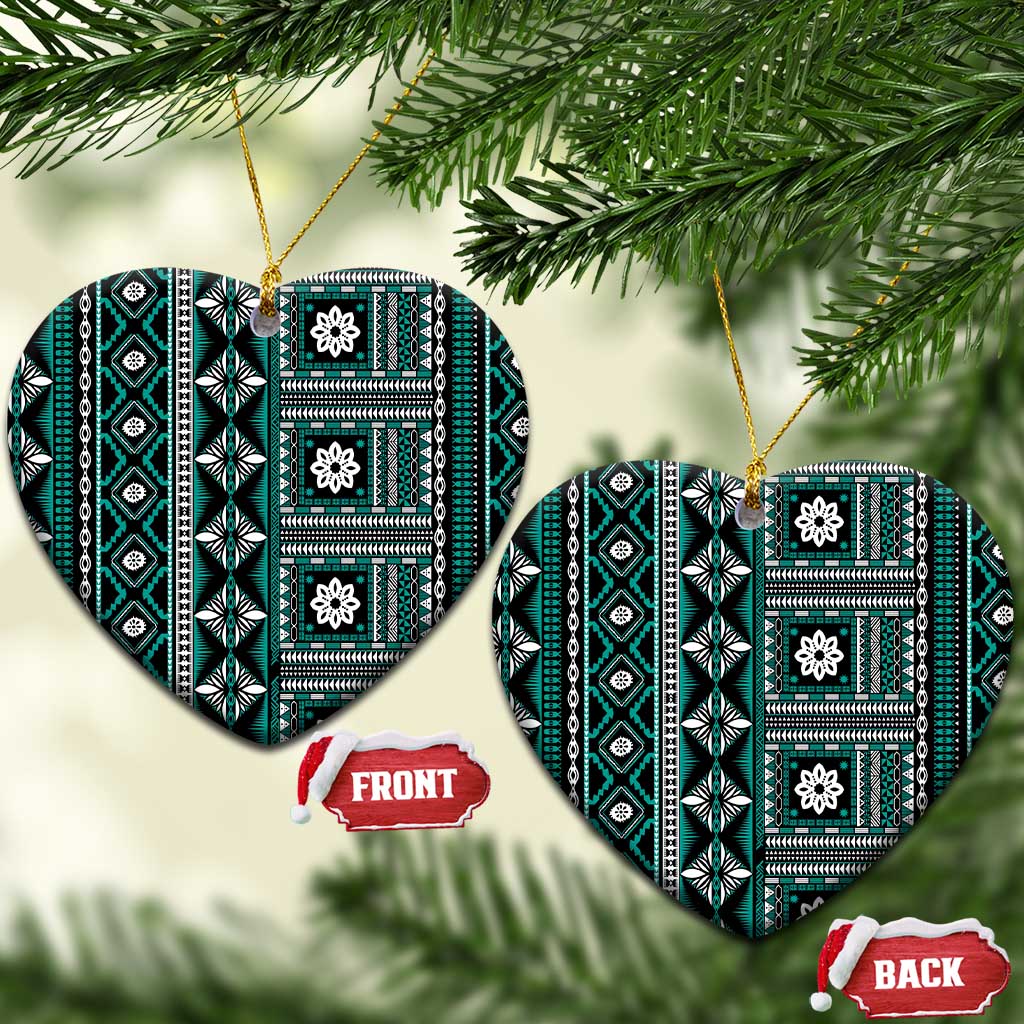 Fiji Masi Tapa Pattern Teal Ceramic Ornament - Polynesian Pride