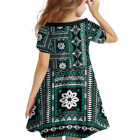 Fiji Masi Tapa Pattern Teal Family Matching Long Sleeve Bodycon Dress and Hawaiian Shirt - Polynesian Pride