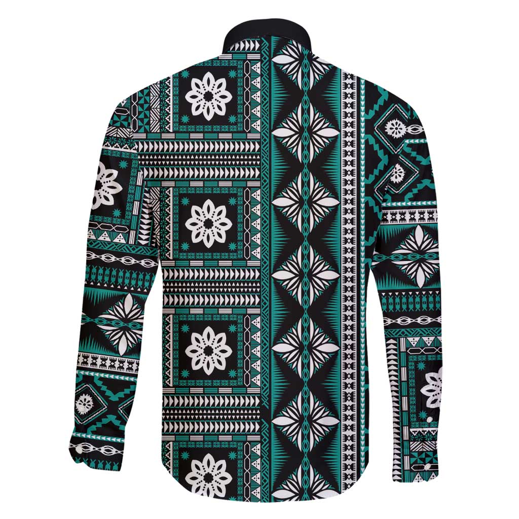 Fiji Masi Tapa Pattern Teal Family Matching Long Sleeve Bodycon Dress and Hawaiian Shirt - Polynesian Pride