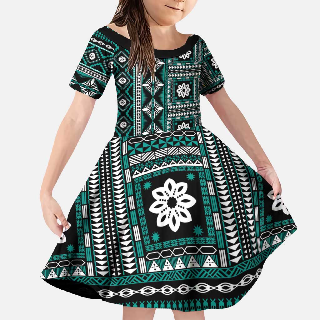 Fiji Masi Tapa Pattern Teal Family Matching Mermaid Dress and Hawaiian Shirt - Polynesian Pride