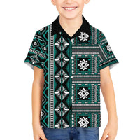 Fiji Masi Tapa Pattern Teal Family Matching Off The Shoulder Long Sleeve Dress and Hawaiian Shirt - Polynesian Pride