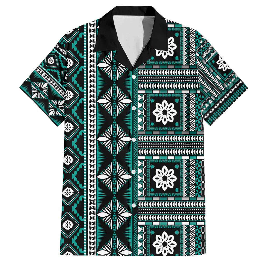 Fiji Masi Tapa Pattern Teal Family Matching Off Shoulder Maxi Dress and Hawaiian Shirt - Polynesian Pride