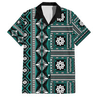 Fiji Masi Tapa Pattern Teal Family Matching Off Shoulder Maxi Dress and Hawaiian Shirt - Polynesian Pride
