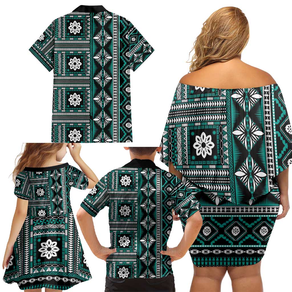 Fiji Masi Tapa Pattern Teal Family Matching Off Shoulder Short Dress and Hawaiian Shirt - Polynesian Pride