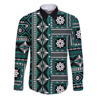 Fiji Masi Tapa Pattern Teal Family Matching Off Shoulder Short Dress and Hawaiian Shirt - Polynesian Pride