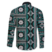 Fiji Masi Tapa Pattern Teal Family Matching Off Shoulder Short Dress and Hawaiian Shirt - Polynesian Pride