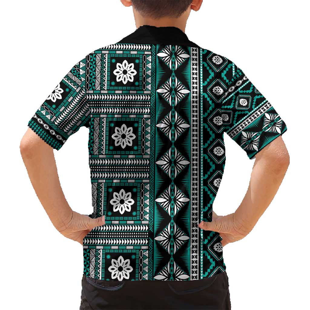 Fiji Masi Tapa Pattern Teal Family Matching Puletasi and Hawaiian Shirt - Polynesian Pride