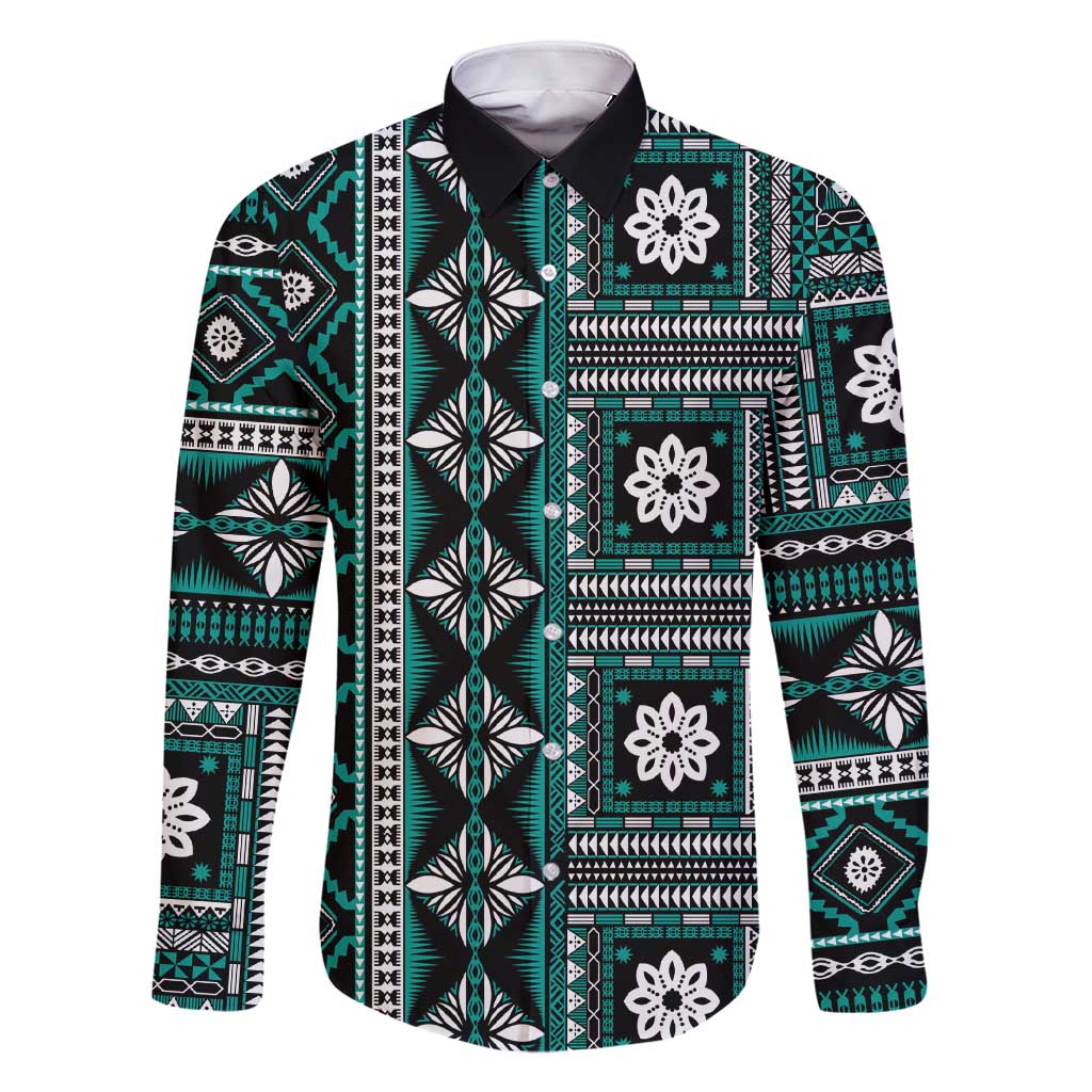 Fiji Masi Tapa Pattern Teal Family Matching Short Sleeve Bodycon Dress and Hawaiian Shirt - Polynesian Pride