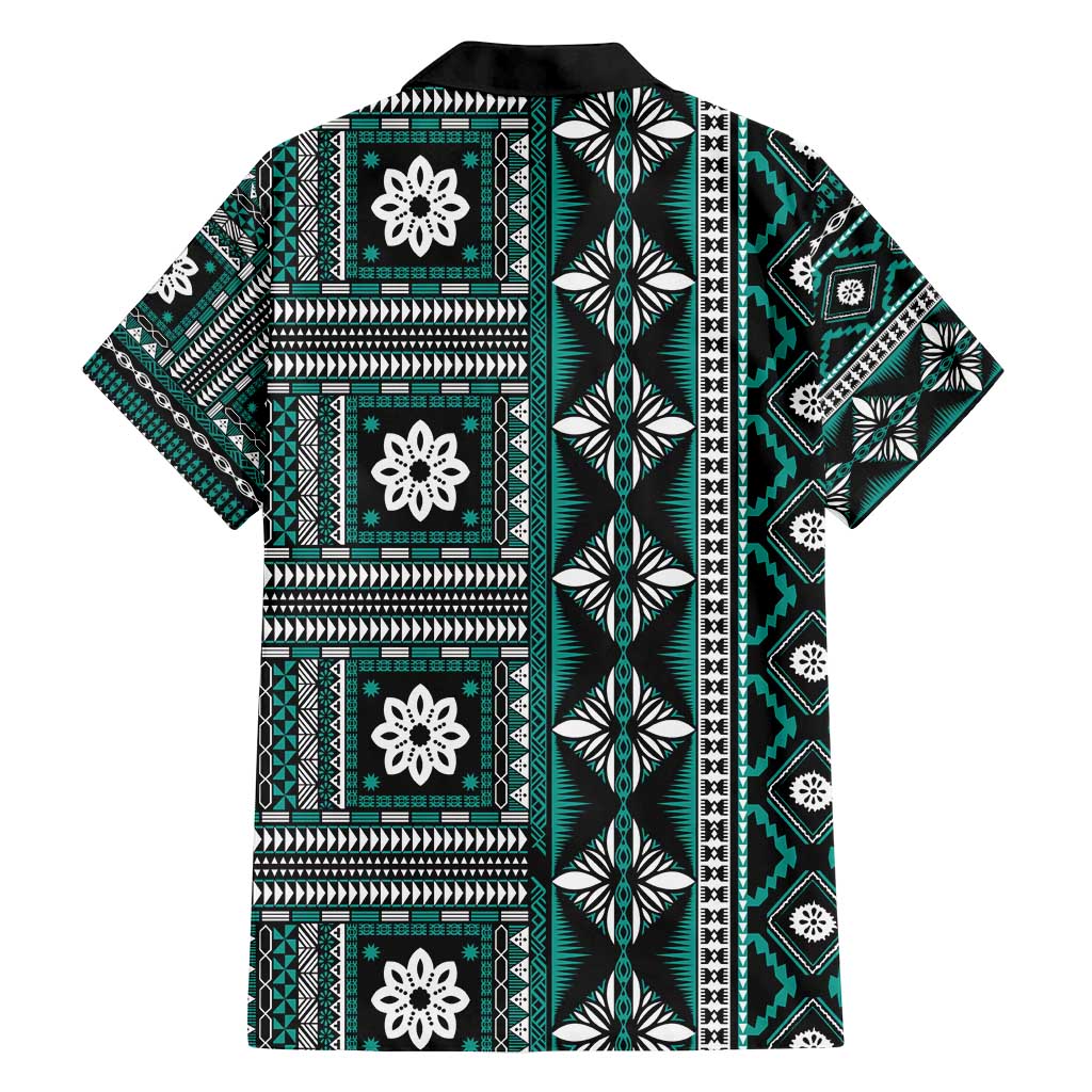 Fiji Masi Tapa Pattern Teal Family Matching Tank Maxi Dress and Hawaiian Shirt - Polynesian Pride