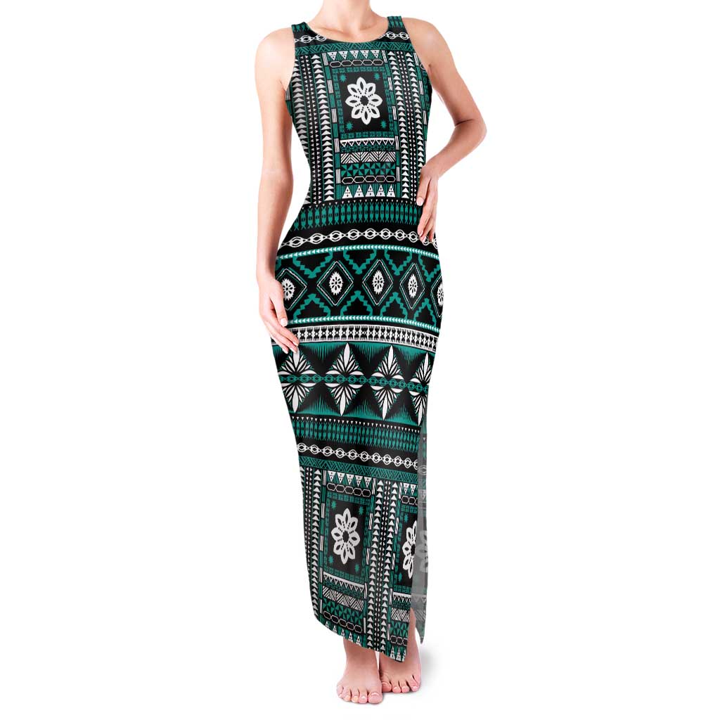 Fiji Masi Tapa Pattern Teal Family Matching Tank Maxi Dress and Hawaiian Shirt - Polynesian Pride