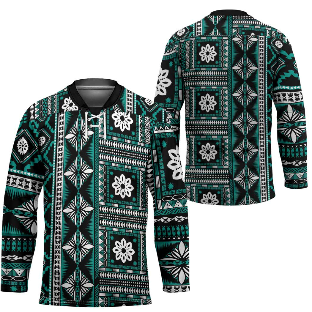 Fiji Masi Tapa Pattern Teal Hockey Jersey - Polynesian Pride