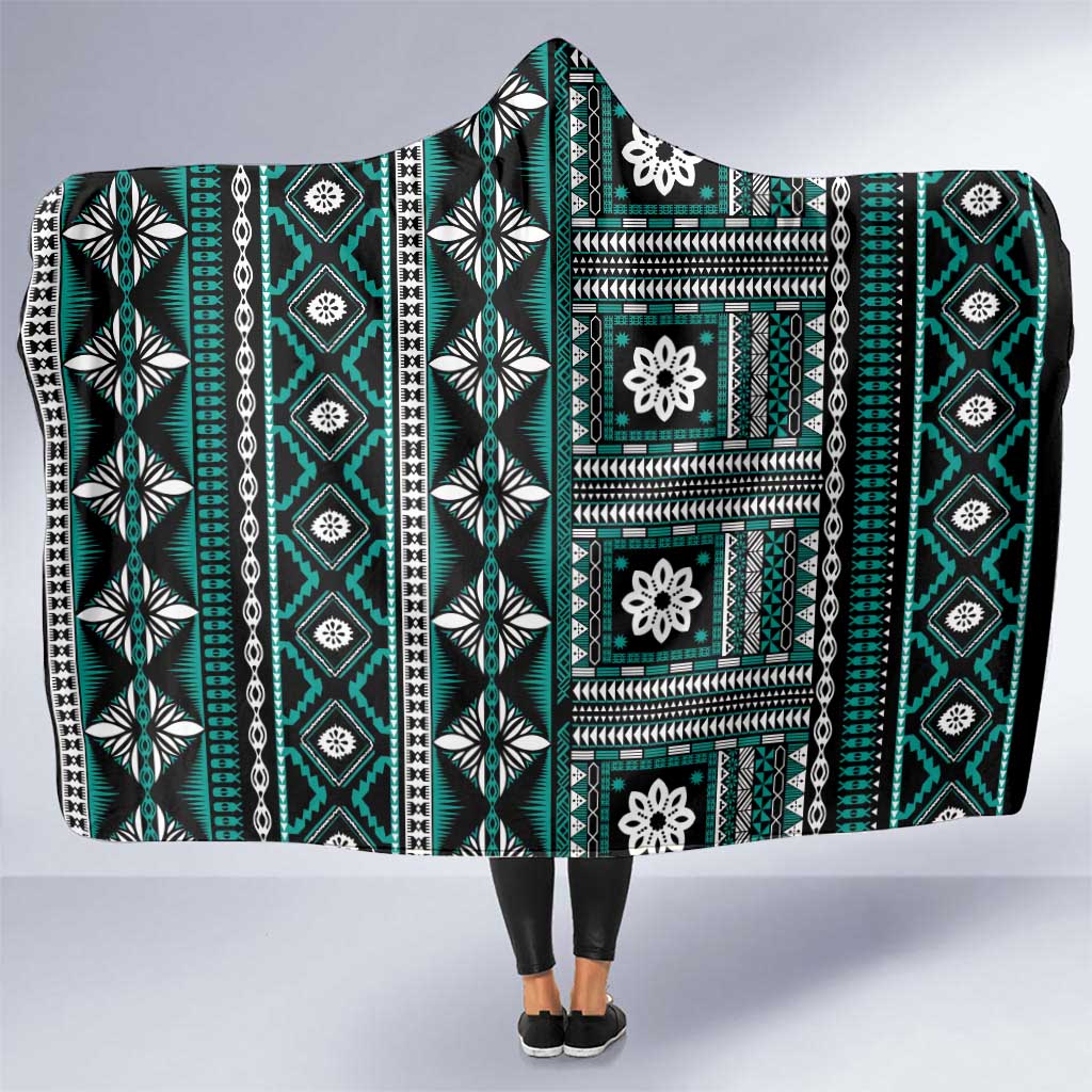 Fiji Masi Tapa Pattern Teal Hooded Blanket - Polynesian Pride