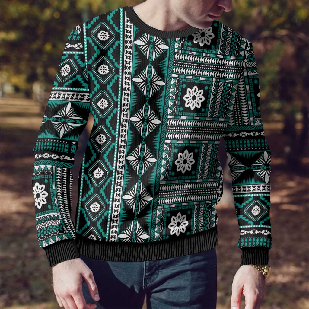 Fiji Masi Tapa Pattern Teal Ugly Christmas Sweater - Polynesian Pride