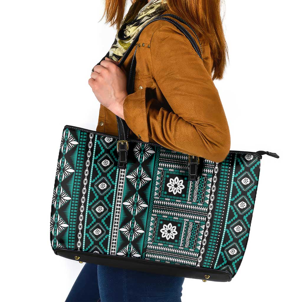 Fiji Masi Tapa Pattern Teal Leather Tote Bag - Polynesian Pride