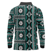 Fiji Masi Tapa Pattern Teal Long Sleeve Polo Shirt - Polynesian Pride