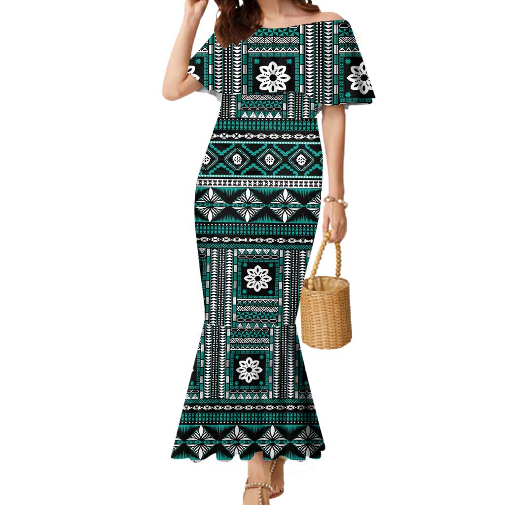 Fiji Masi Tapa Pattern Teal Mermaid Dress - Polynesian Pride