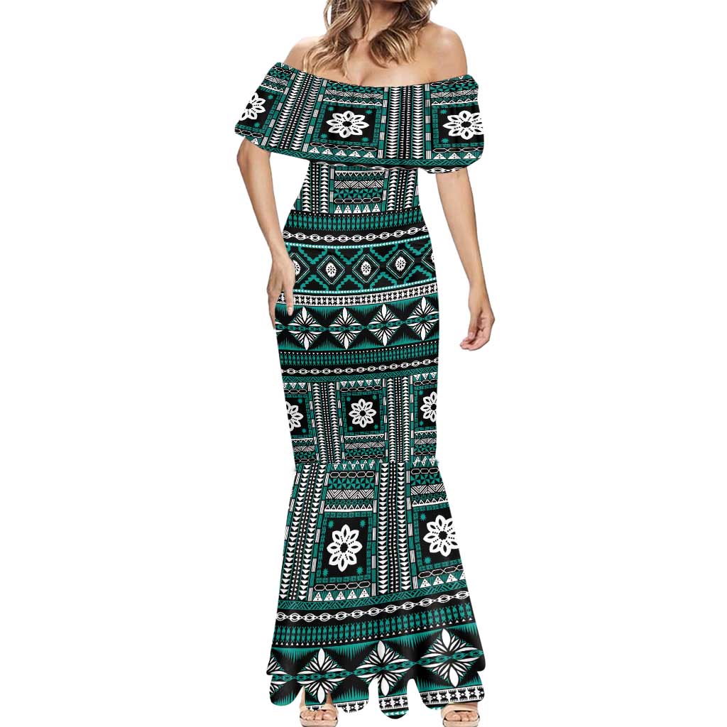 Fiji Masi Tapa Pattern Teal Mermaid Dress - Polynesian Pride