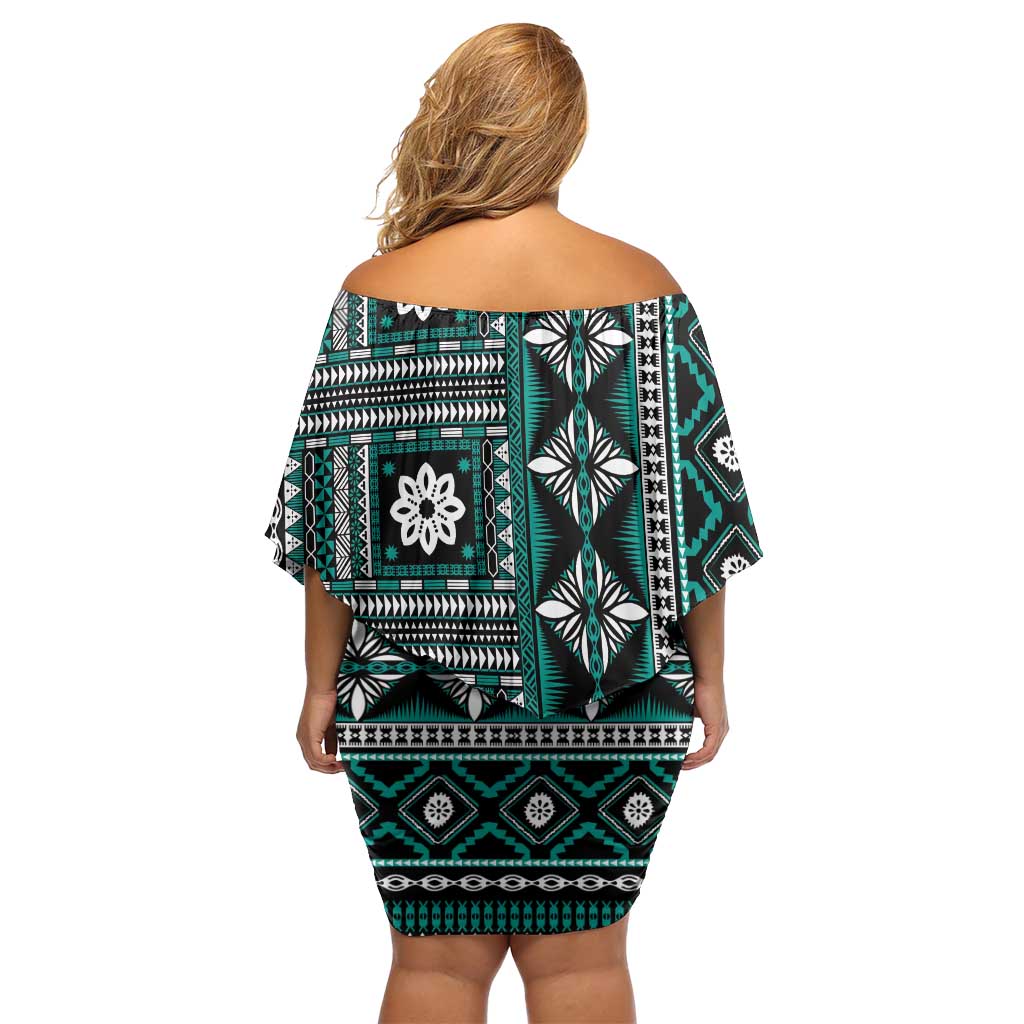 Fiji Masi Tapa Pattern Teal Off Shoulder Short Dress - Polynesian Pride