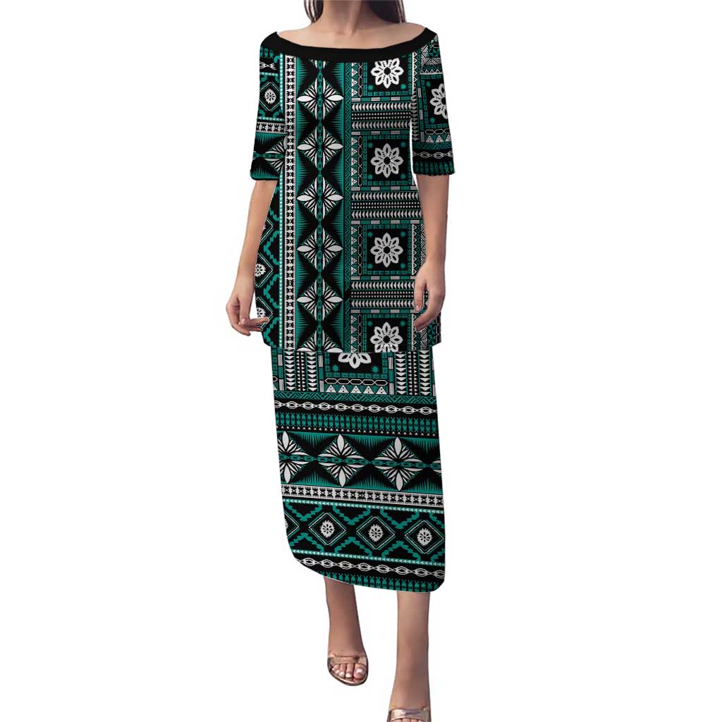 Fiji Masi Tapa Pattern Teal Puletasi - Polynesian Pride
