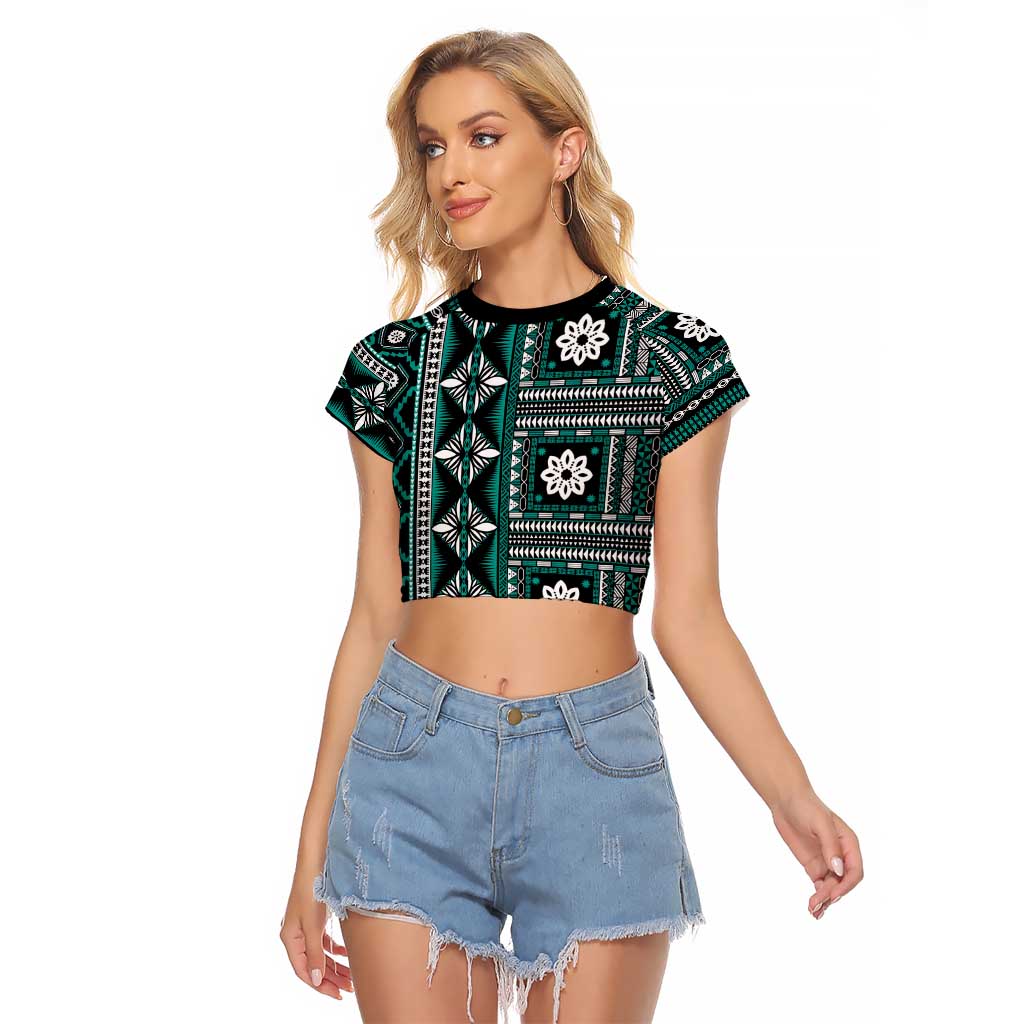 Fiji Masi Tapa Pattern Teal Raglan Cropped T Shirt - Polynesian Pride