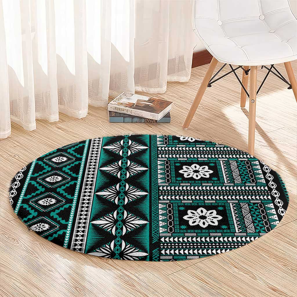 Fiji Masi Tapa Pattern Teal Round Carpet - Polynesian Pride