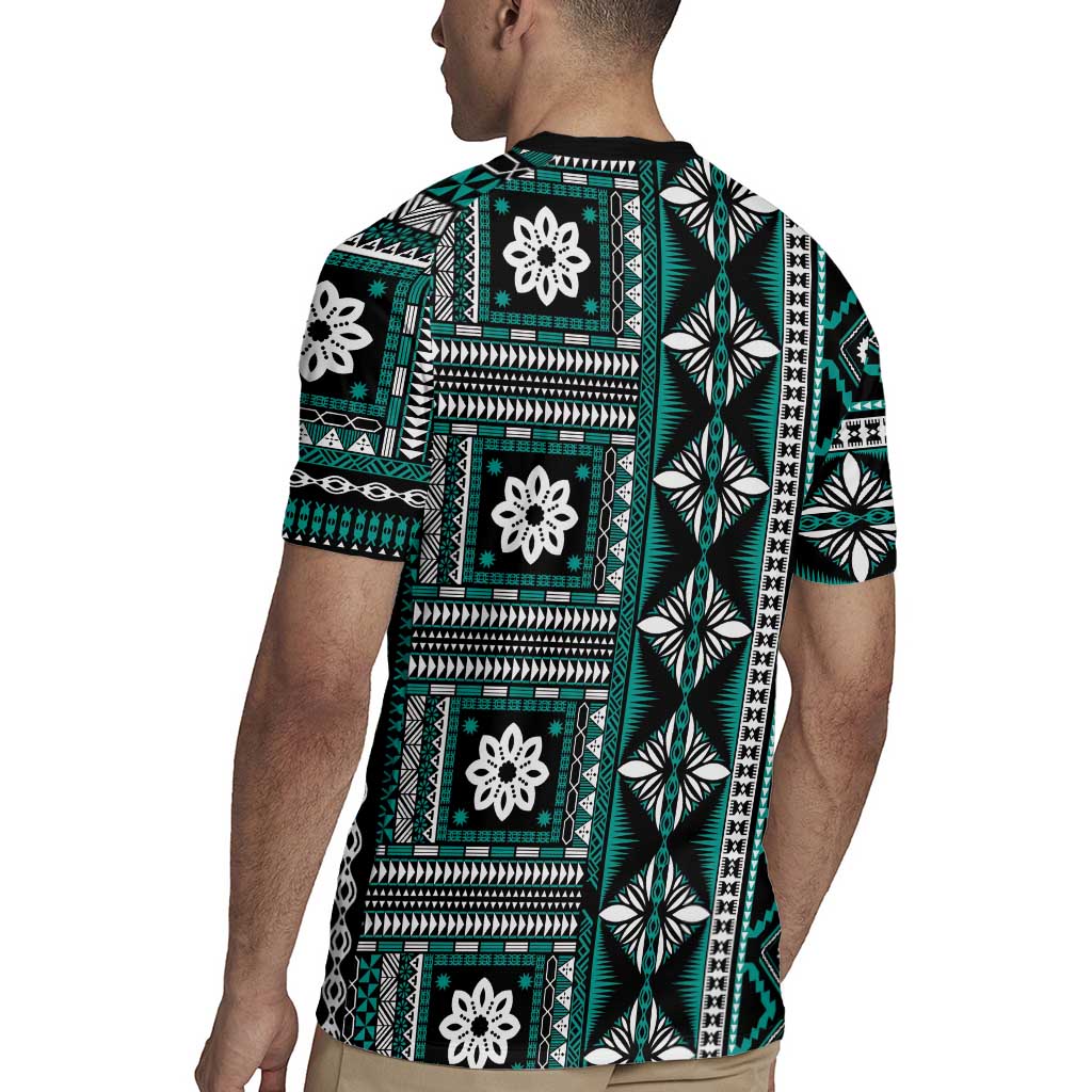 Fiji Masi Tapa Pattern Teal Rugby Jersey - Polynesian Pride