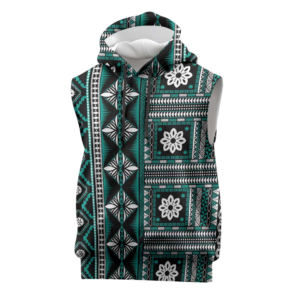 Fiji Masi Tapa Pattern Teal Sleeveless Hoodie - Polynesian Pride