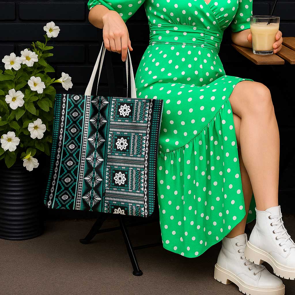 Fiji Masi Tapa Pattern Teal Tote Bag - Polynesian Pride